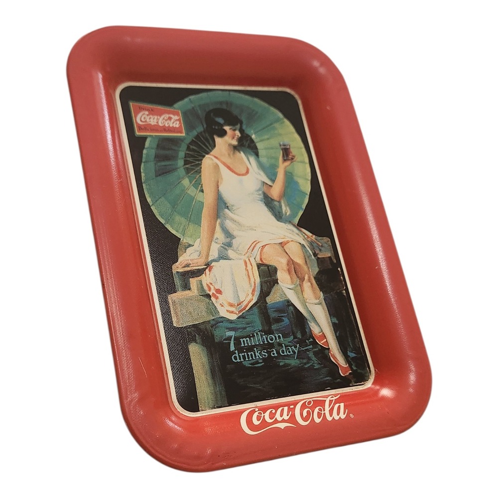 Vintage 1995 Coca-Cola Metal Serving‎ Tray 1926 Pier Girl Parasol Red 6x4.5